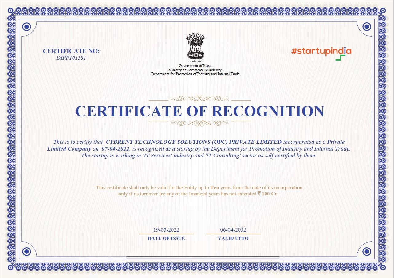 Cybrent Start-Up India Certificate