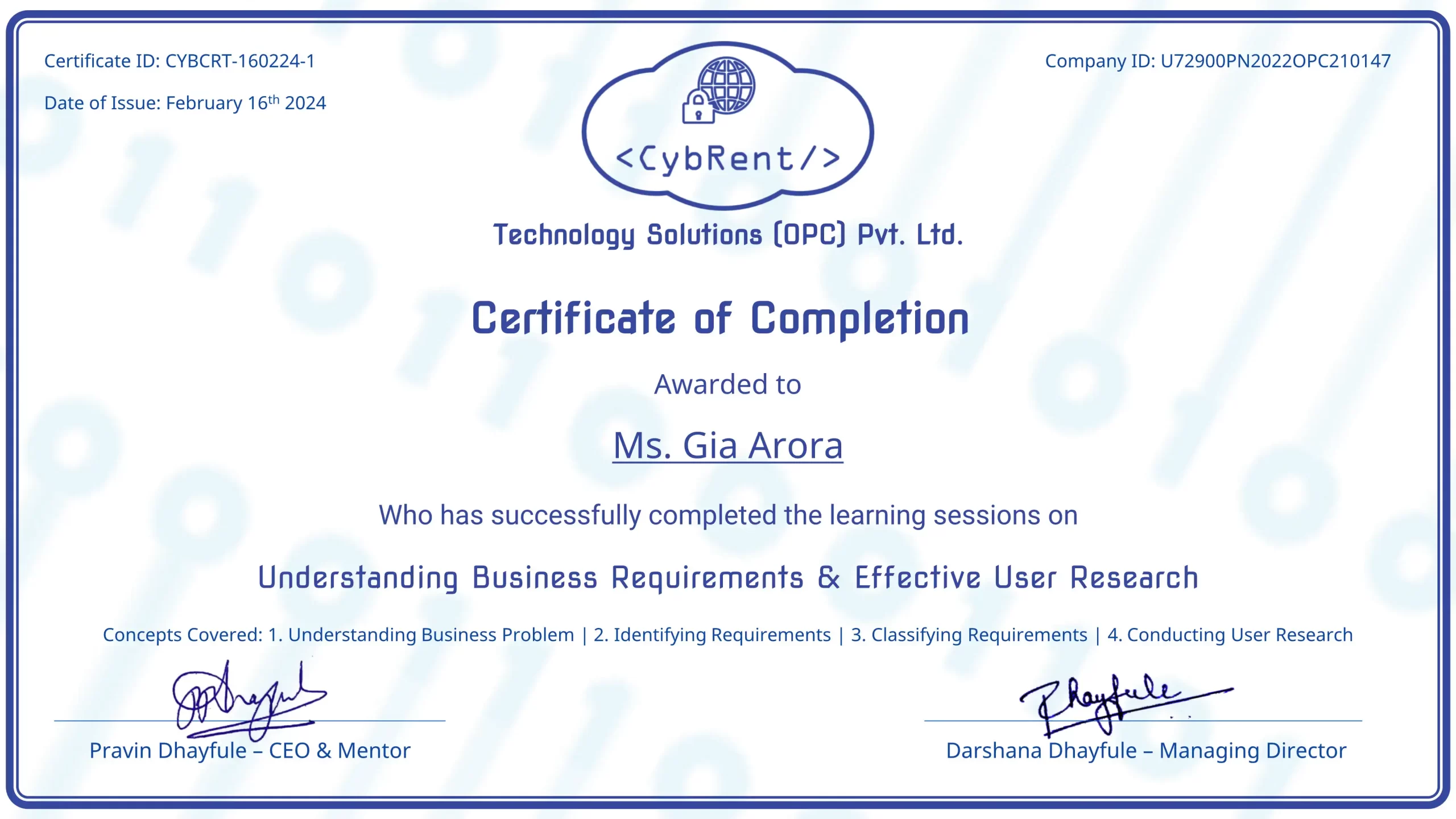 Certificate awarded to Ms. Gia Arora for completing the learning session on Understanding Business Requirements and Effective User Research