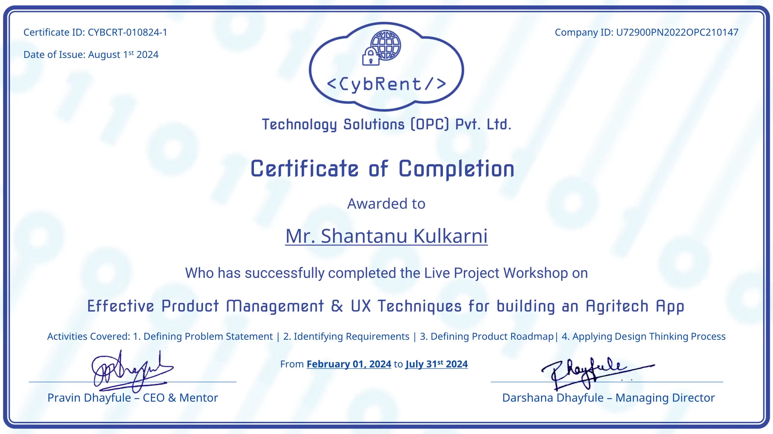CYBCRT-010824-1 Grooming Certificate - Shantanu Kulkarni